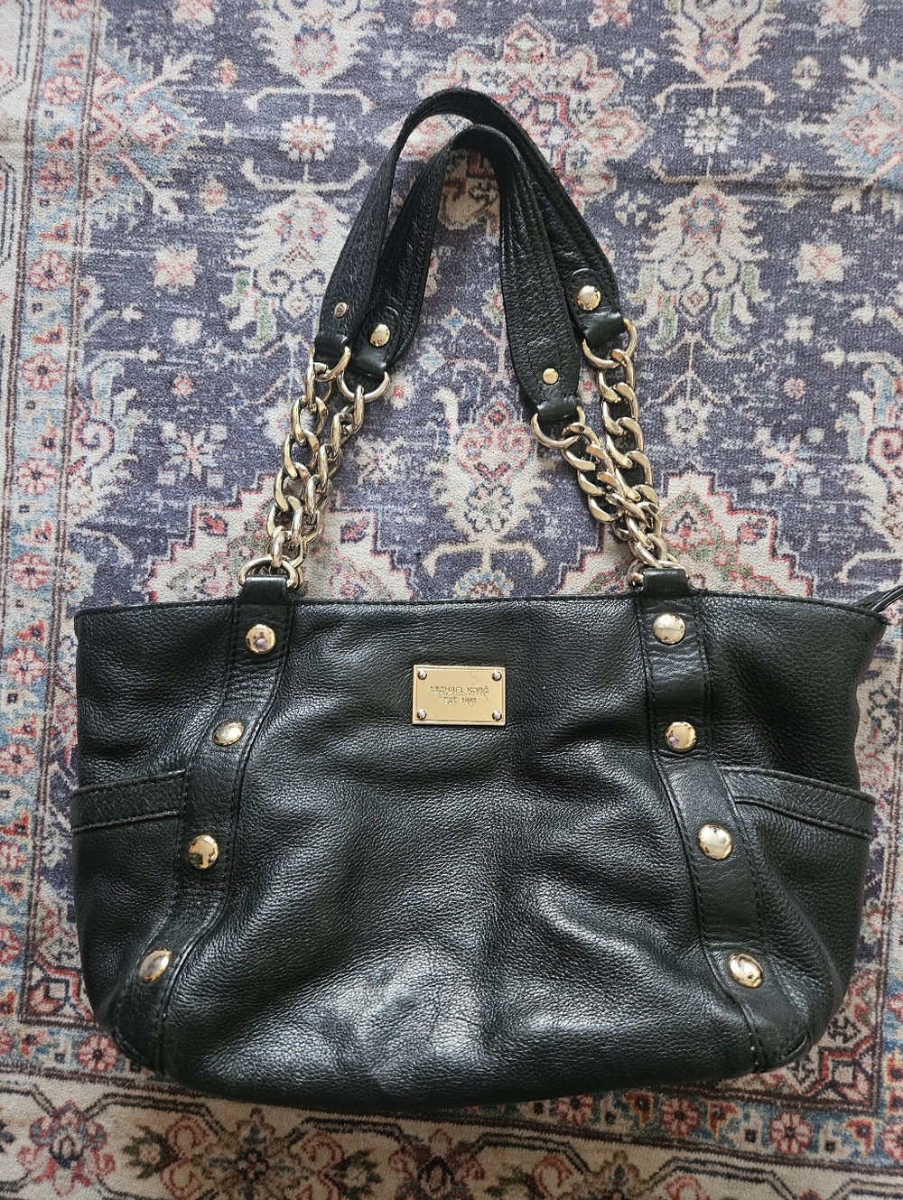 Michael Kors Delancey shoulder tote in black pebbled leather.